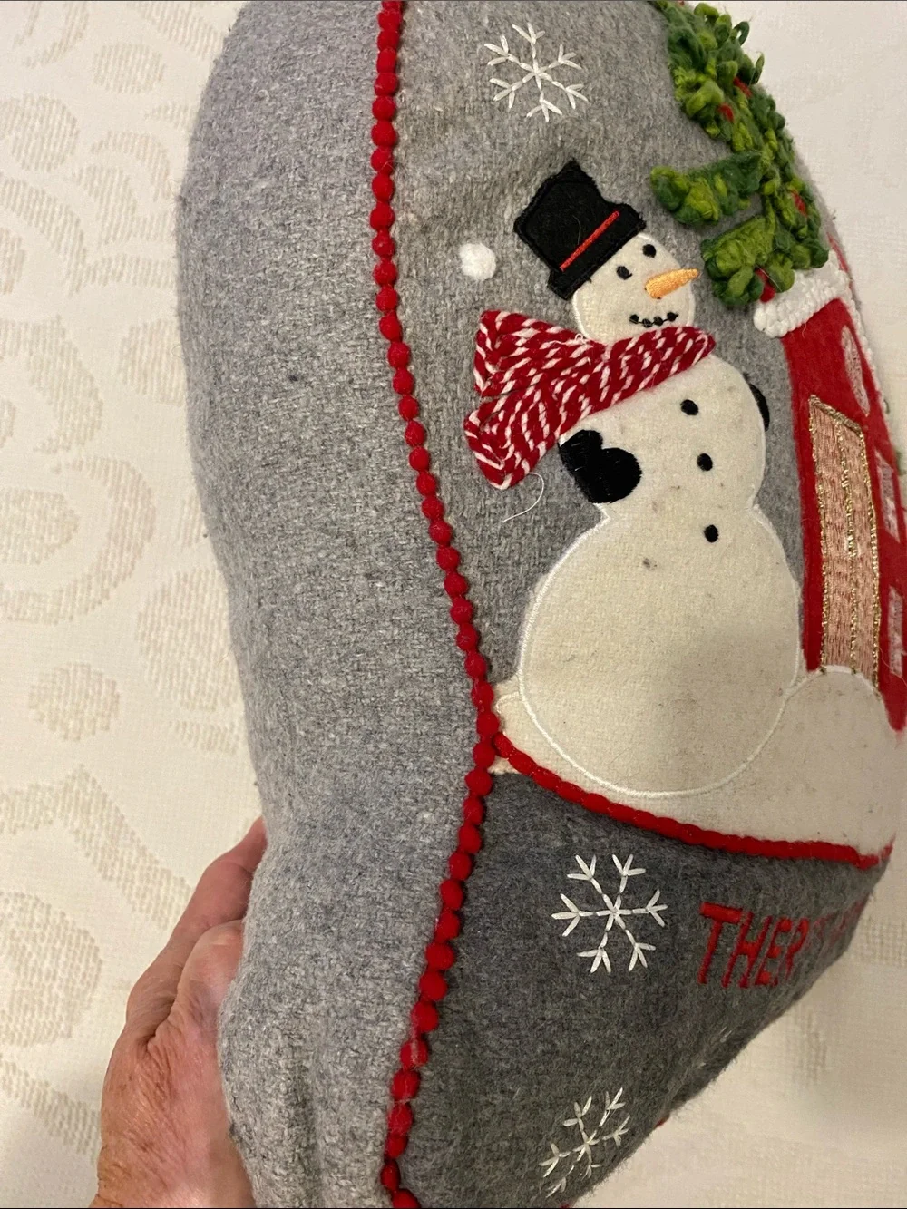 Isaac Mizrahi Gray and Red Holiday Village Pillow
